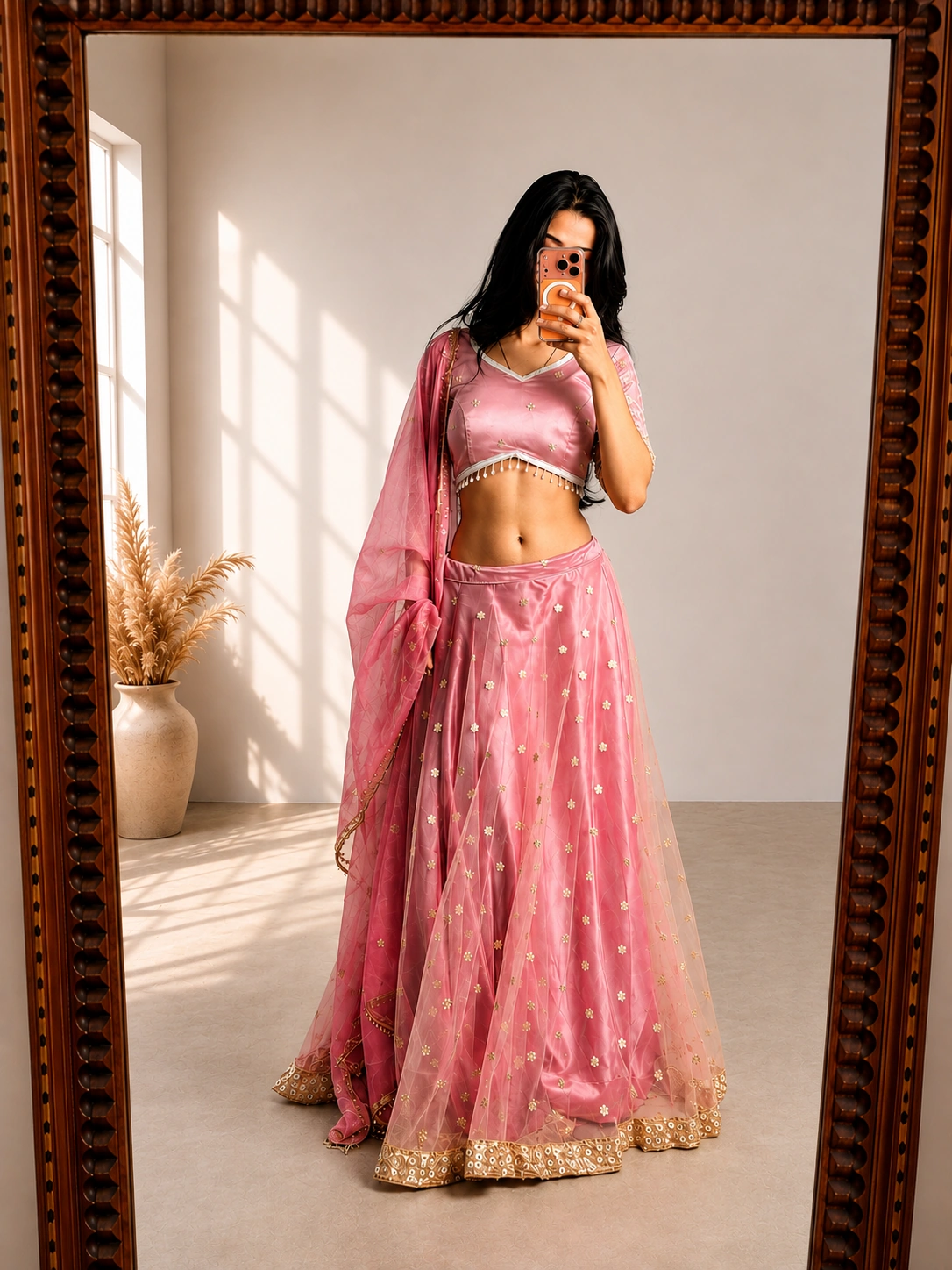 Rose pink lehenga with hand embroidery, occasion wear