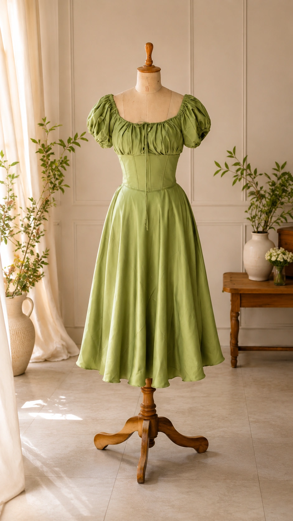 Ivory draped dress with soft flowing silhouette